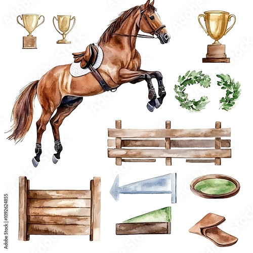 Watercolor illustration of a horse jumping a fence, with trophies, laurel wreath, and show jumping equipment.
