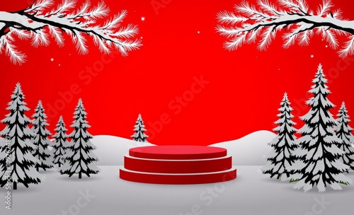 Holiday scene with snowcovered pine trees and a modern red podium snowflakes gently falling bold red background perfect for winterthemed product presentations christmas tree silhouette Illustration  photo