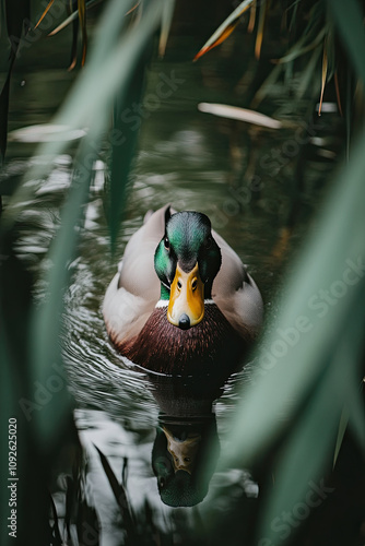 Duck swimming in a small pond surrounded by reeds photo