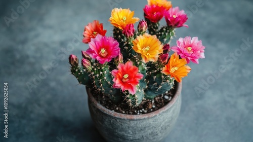 Wallpaper Mural A vibrant potted cactus adorned with colorful flowers, showcasing nature's beauty. Torontodigital.ca