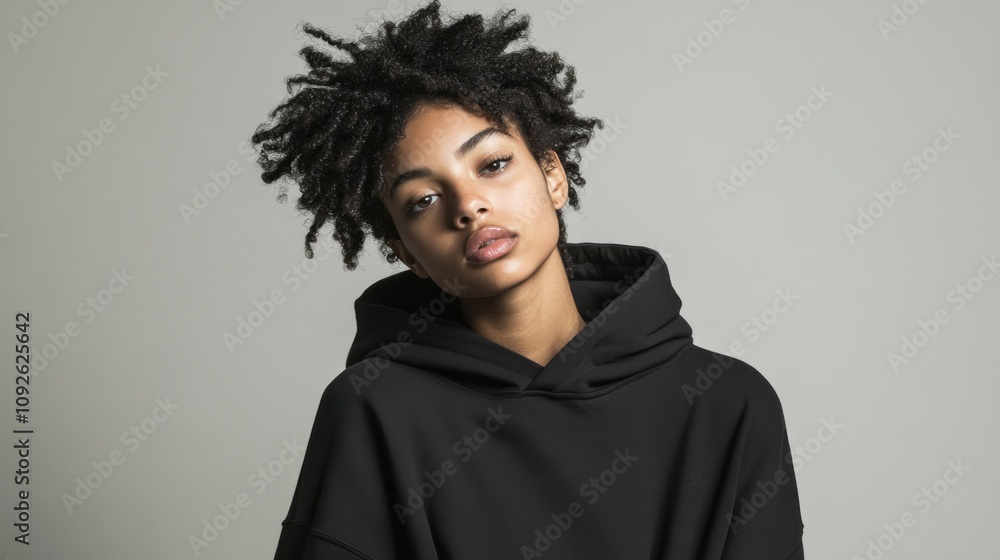 Fototapeta premium A young person with textured hair wearing a black hoodie, posing against a neutral background.