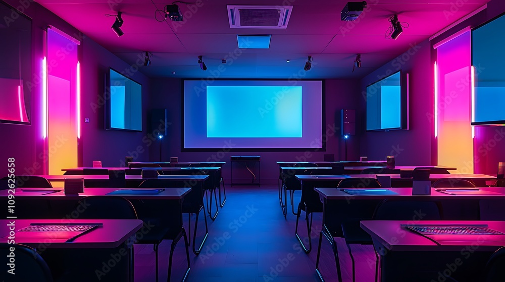 Neon Lit Modern Classroom Conference Room Lecture Hall Presentation Space Meeting Room