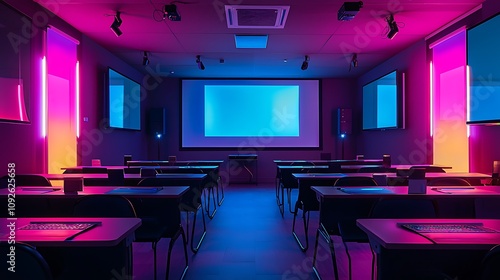 Obraz na płótnie Neon Lit Modern Classroom Conference Room Lecture Hall Presentation Space Meeting Room w salonie