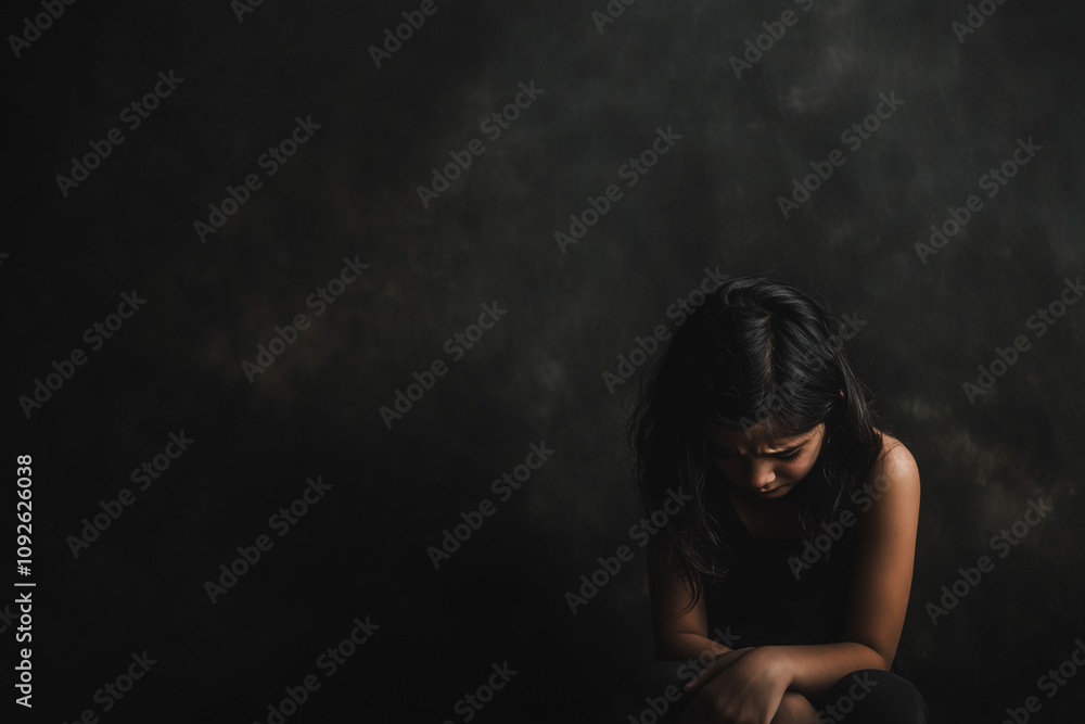 A child sitting alone with their head down, expressing sadness and depression, with copy space. Dim, dramatic lighting. Black background. A child sitting alone with their head down, expressing sadness and depression, with copy space. Dim, dramatic lighting. Black background.