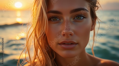 Serene young woman at sunset