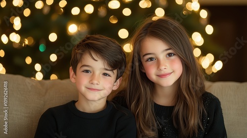 Adorable Siblings Smiling Before a Beautiful Holiday Tree Background photo