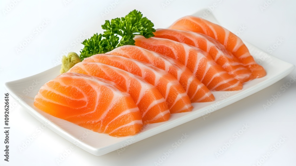 Sashimi: Thinly Sliced Raw Salmon on a White Plate with Garnish Sashimi: Thinly Sliced Raw Salmon on a White Plate with Garnish