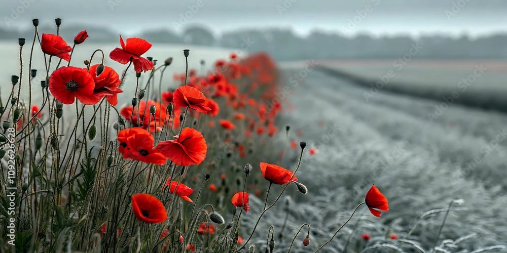 Fototapeta premium Red poppies in tranquil field with misty background and soft light