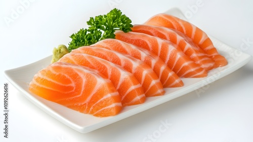 Sashimi: Thinly Sliced Raw Salmon on a White Plate with Garnish