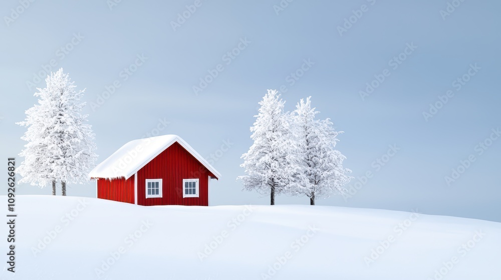 Tranquil Winter Scene Featuring a Red House Amidst Snowy Landscape Tranquil Winter Scene Featuring a Red House Amidst Snowy Landscape