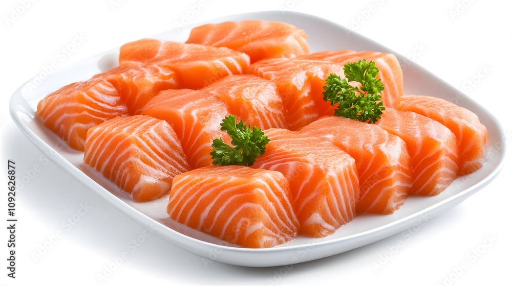 Fresh Raw Salmon Fillet Slices on a White Plate Fresh Raw Salmon Fillet Slices on a White Plate