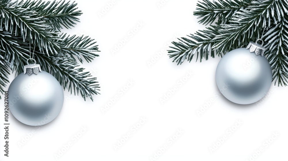 Festive Silver Ornaments and Frosted Evergreen Branches for Holiday Decor Festive Silver Ornaments and Frosted Evergreen Branches for Holiday Decor
