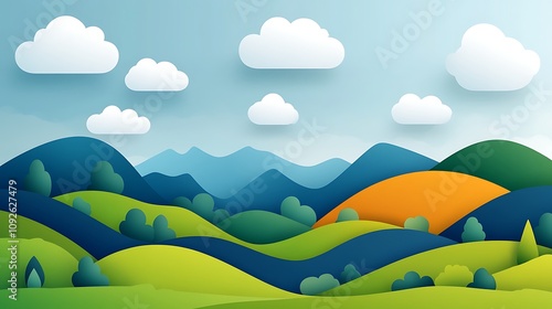 Paper Cutout Landscape of Rolling Hills, Mountains, and Clouds