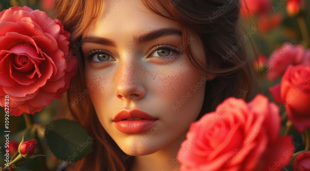 Young woman with roses in soft light Young woman with roses in soft light