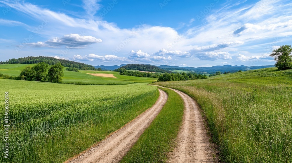 Scenic Farm Road through Lush Green Fields Scenic Farm Road through Lush Green Fields