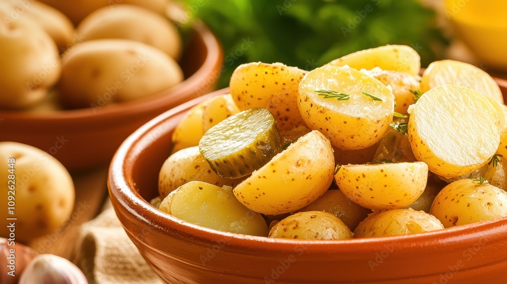 Freshly Prepared Potato Salad with Dill and Pickles in Rustic Bowl Freshly Prepared Potato Salad with Dill and Pickles in Rustic Bowl