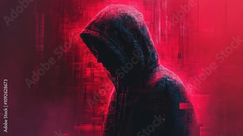 A solitary hacker in a dark hoodie stands against a vibrant red backdrop, surrounded by abstract digital distortion. The atmosphere feels tense and mysterious, emphasizing secrecy