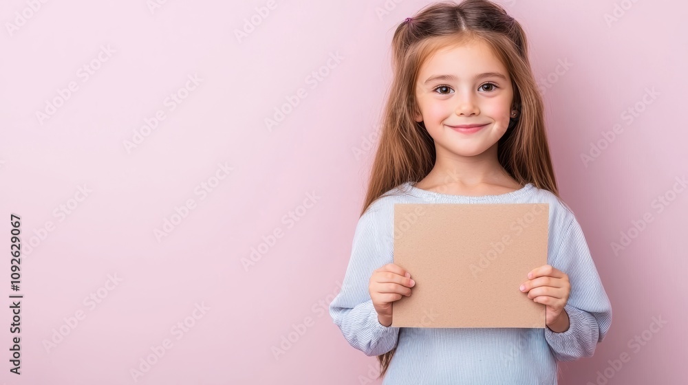 Young Girl Holding Blank Card in Front of Pink Background Young Girl Holding Blank Card in Front of Pink Background