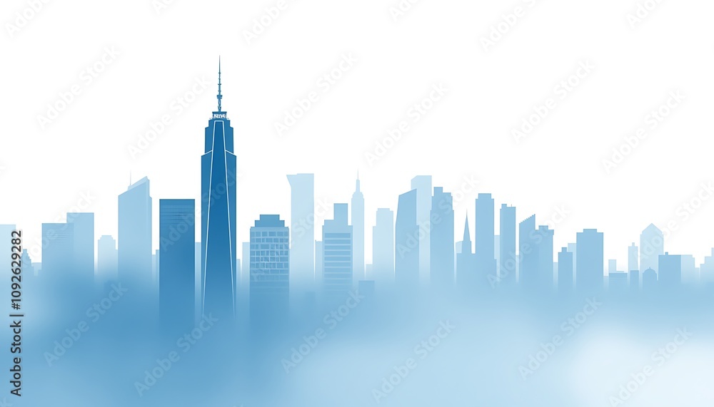 Obraz premium A business-inspired wallpaper featuring faint, stylized skyscrapers and city skyline outlines, blended with a calm gradient of blues and whites for a sleek corporate look.