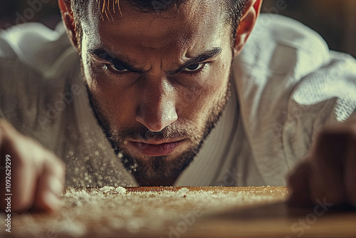 Close-up of a determined martial artist breaking a board, face showing intensity photo