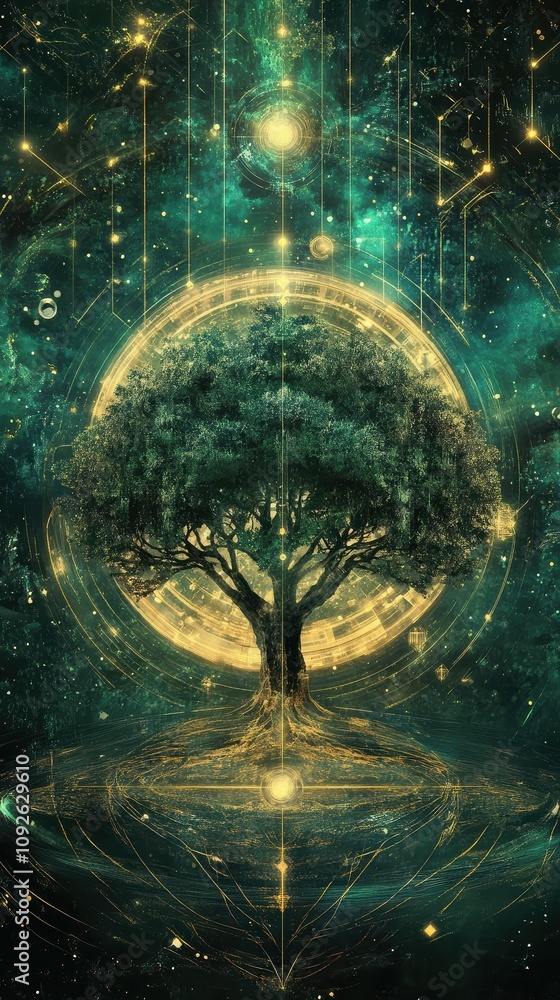 Fototapeta premium A majestic ancient tree stands at the center, illuminated by cosmic energy. Surrounding it are glowing celestial elements, creating a visually stunning contrast against a rich green backdrop