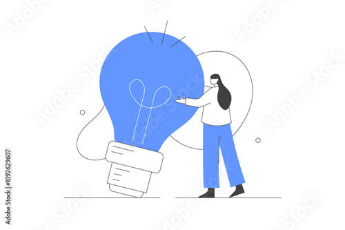 Business concept. Character working and looking for creative ideas. Holding light bulb. Creative solution, inspirational plan, creativity idea. Flat Cartoon Vector Illustration, icon. Stylish Modern