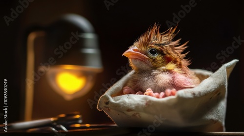 Tiny Newborn Bird in Handmade Fabric Pouch photo