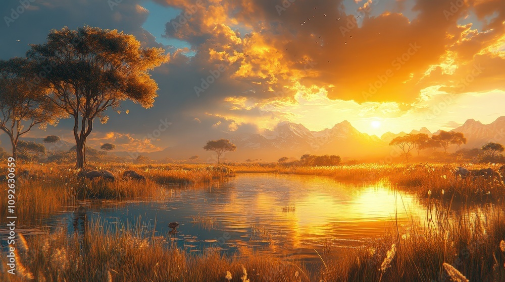 Stunning sunset over a tranquil landscape with vibrant colors reflecting on a serene water body amidst lush greenery. Stunning sunset over a tranquil landscape with vibrant colors reflecting on a serene water body amidst lush greenery.