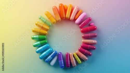 Rainbow Capsules Arranged in a Circle on a Gradient Background photo