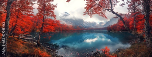 In the autumn of the year, there is an alpine lake with red trees in it