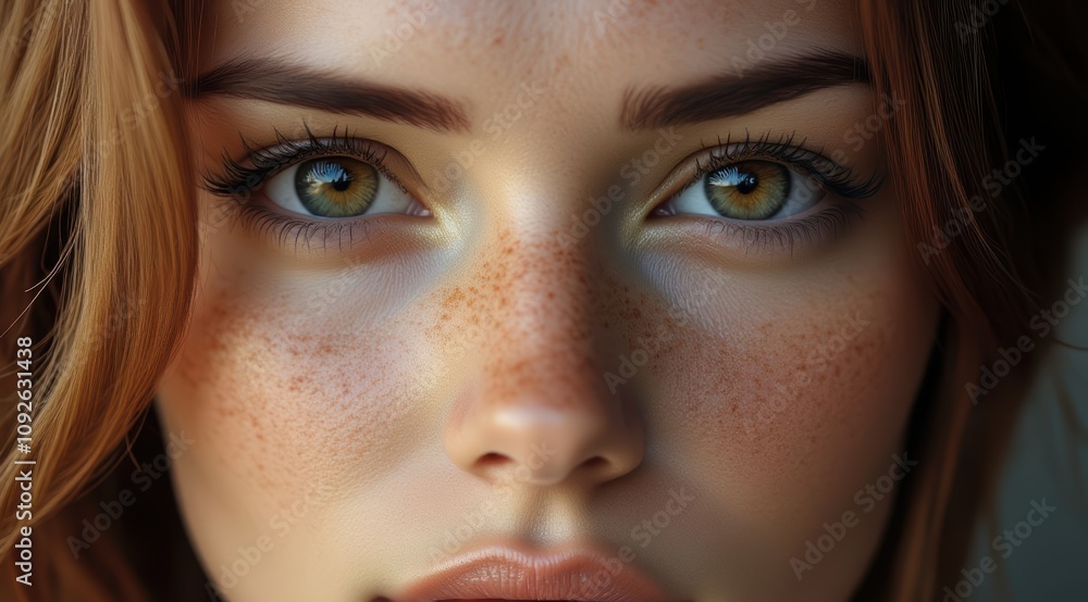 Close-up of a young woman with freckles Close-up of a young woman with freckles