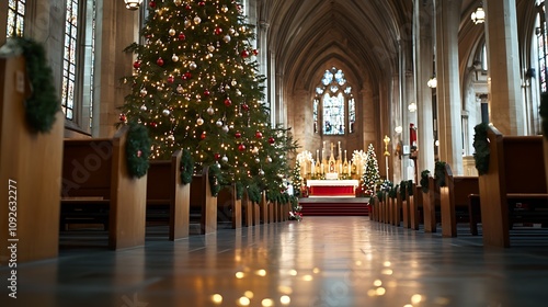 Christmas tree in a church aisle.