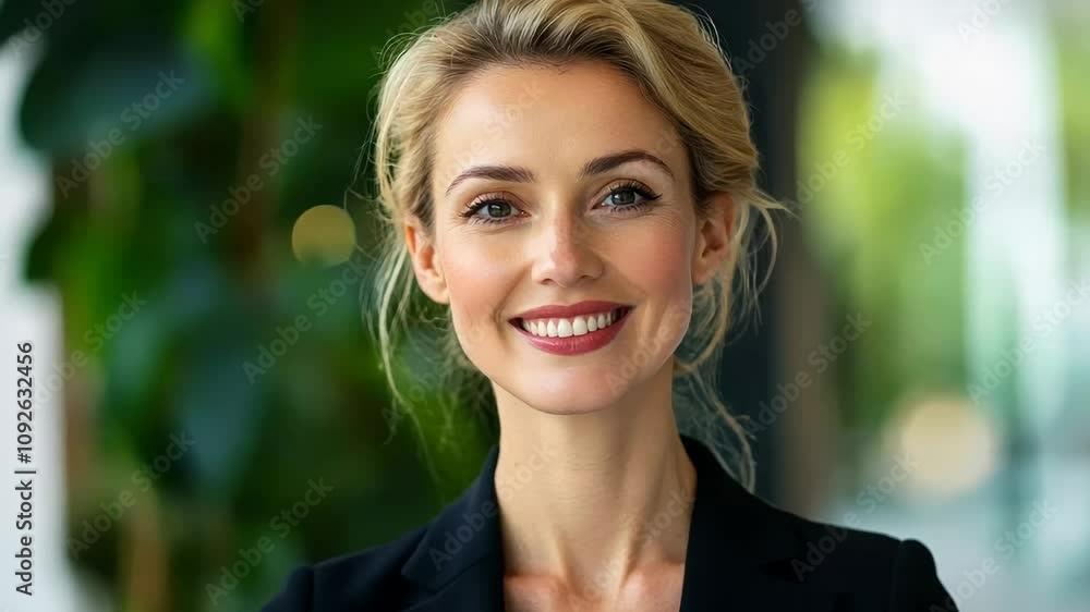 Smiling Caucasian woman in a professional suit, symbolizing confidence and success, ideal for business-themed concepts Smiling Caucasian woman in a professional suit, symbolizing confidence and success, ideal for business-themed concepts