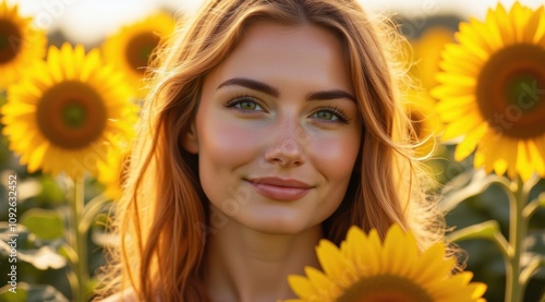 Smiling woman with sunflowers at sunset