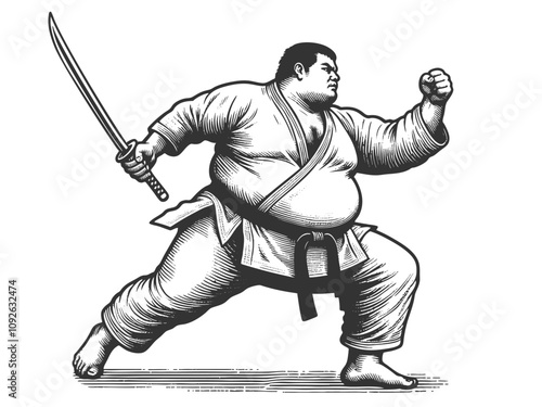 Bushido martial artist in a dynamic pose, holding a sword and dressed in a traditional gi uniform sketch engraving generative ai vector illustration. Scratch board imitation. Black and white image.