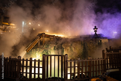 Canvas Print Lantern in onsen steam in japan at night in kusatsu