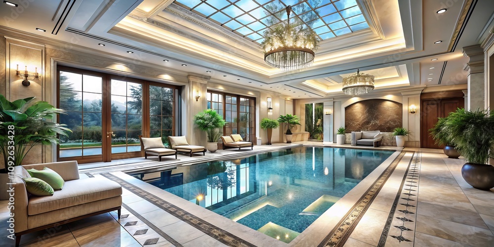 Fototapeta premium Luxurious Indoor Pool Area with Elegant Design, Sunlight Streaming Through Windows, and Relaxing Atmosphere Perfect for a Spa-like Experience and Leisure Activities