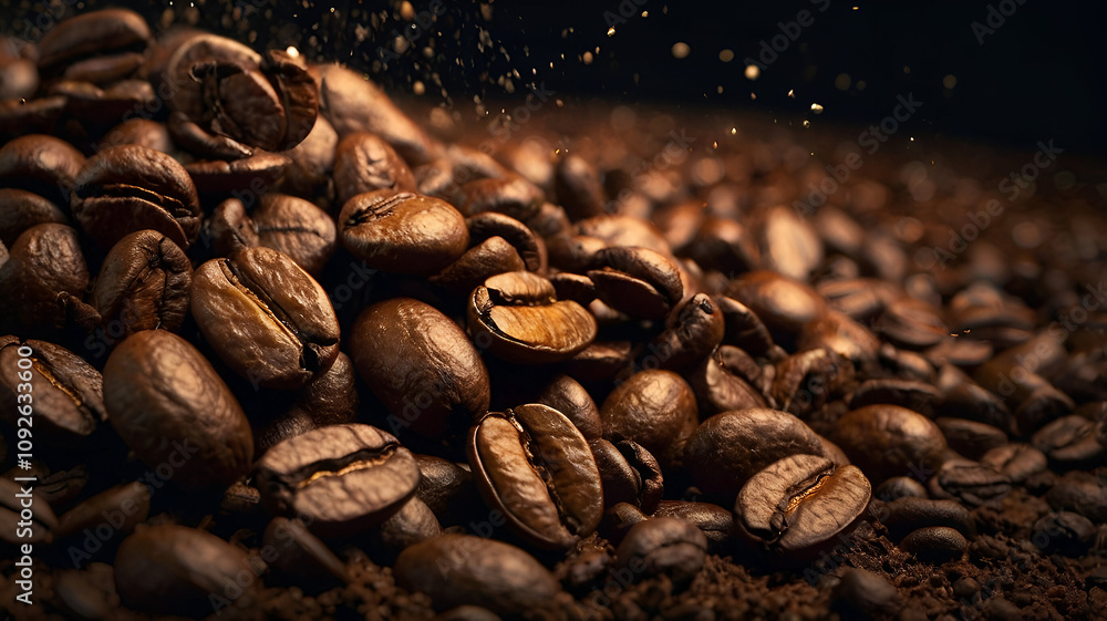 A cinematic close-up shot of coffee beans, highlighting their rich texture and deep brown color, set in a dramatic light that accentuates the warmth and aroma of freshly brewed coffee A cinematic close-up shot of coffee beans, highlighting their rich texture and deep brown color, set in a dramatic light that accentuates the warmth and aroma of freshly brewed coffee