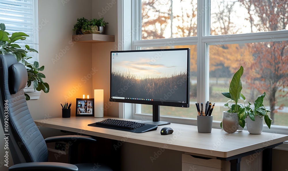 Cozy home office setup with plants, computer, and natural light. Cozy home office setup with plants, computer, and natural light.