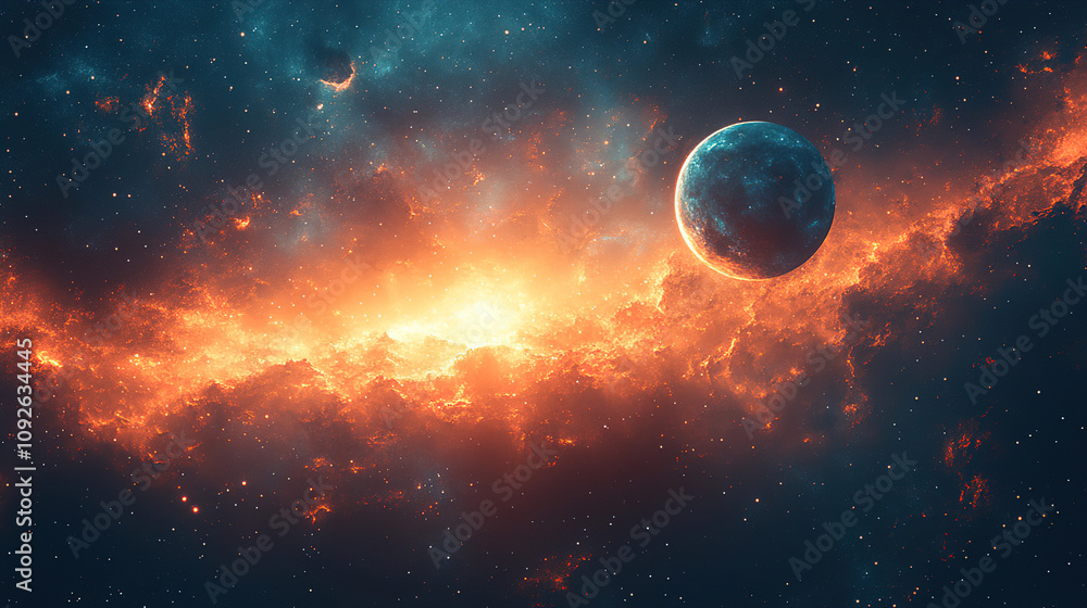 Dramatic cosmic landscape with vibrant colors and a distant planet amidst swirling clouds in deep space. Generative AI Dramatic cosmic landscape with vibrant colors and a distant planet amidst swirling clouds in deep space. Generative AI