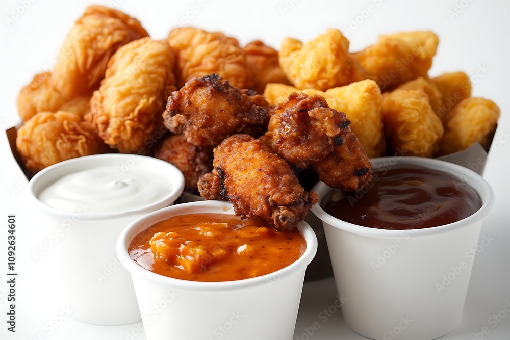 Crispy fried chicken wings and nuggets with three dipping sauces. Crispy fried chicken wings and nuggets with three dipping sauces.