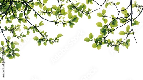 Green Tree Branches with Leaves Against a White Background