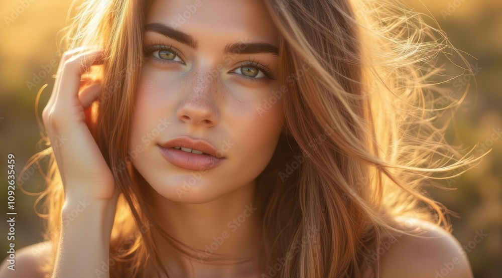 Beautiful woman with golden sunlight glow Beautiful woman with golden sunlight glow
