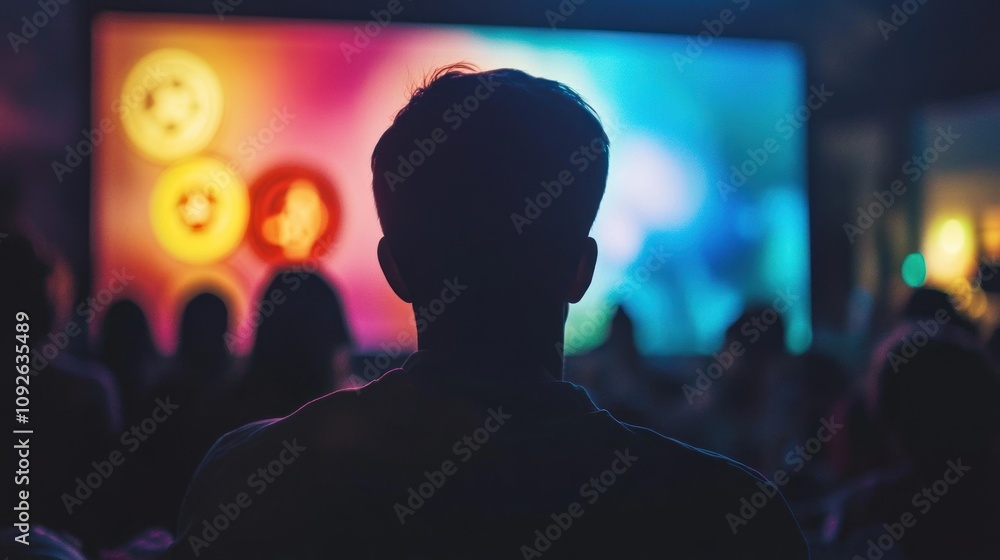 A man silhouetted against a large screen, watching a presentation in a darkened auditorium, surrounded by an audience. A man silhouetted against a large screen, watching a presentation in a darkened auditorium, surrounded by an audience.