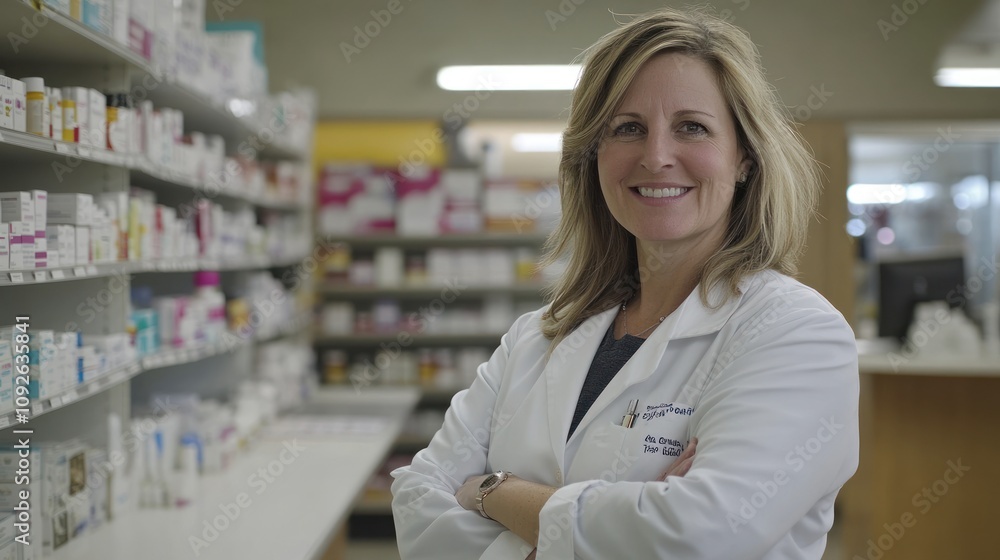 A pharmacist stands confidently in a pharmacy, surrounded by shelves of medication. A pharmacist stands confidently in a pharmacy, surrounded by shelves of medication.