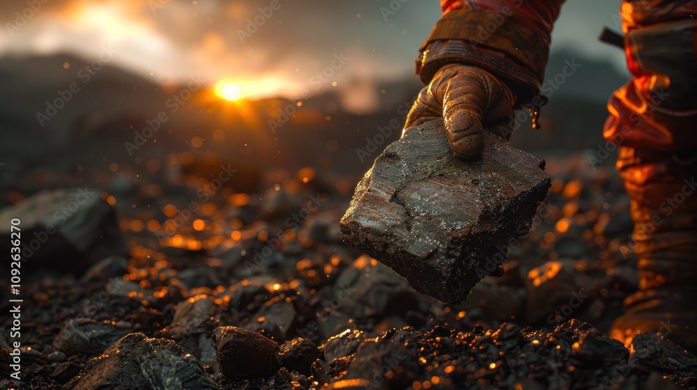 Miner at Surface Holding Coal or Ore with Mining Structures and Equipment in Background Under Bright Sky Miner at Surface Holding Coal or Ore with Mining Structures and Equipment in Background Under Bright Sky