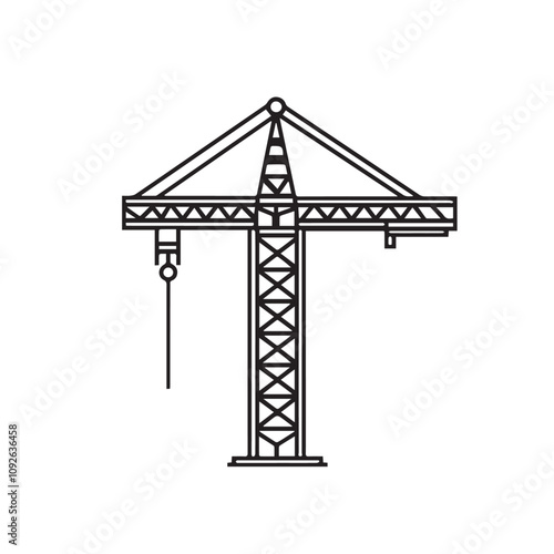 Tower crane In cartoon, hand-drawn flat style. image for social media, websites and UI. Isolated 2D vector design in logo, icon, sketch style, simple line vector, single color. AI Generative Art.