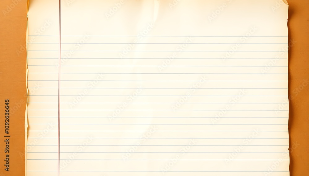Naklejka premium A vintage, worn, and weathered lined notebook page, with yellowed paper, faded ink lines, and s, set against a warm, soft, and calming background, evoking a sense of nostalgia and introspection.