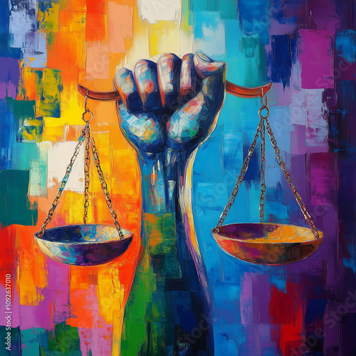 Abstract Hand Holding Scales of Justice in Vibrant Multicolored Artistic Style - A dynamic and expressive artwork emphasizing themes of justice, equity, and human rights.