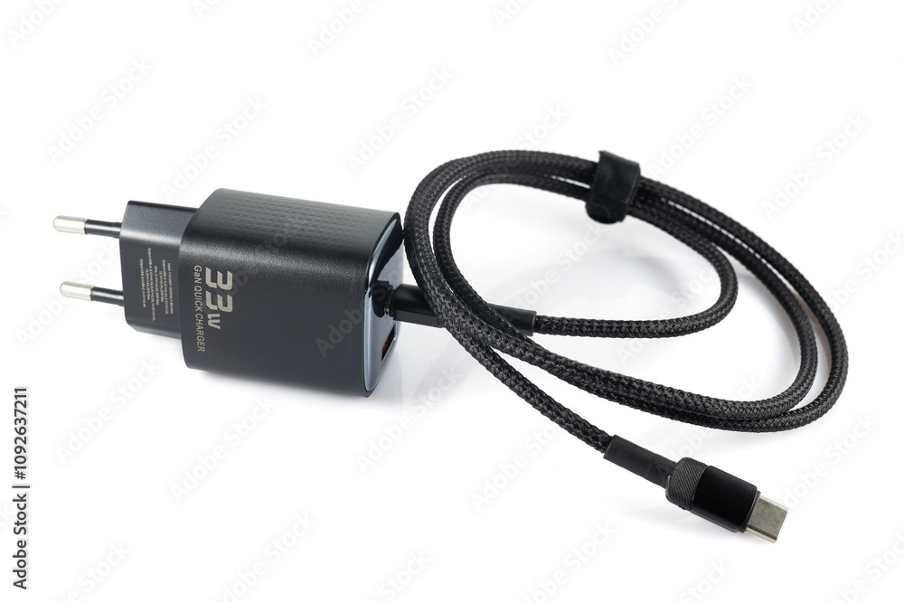 Charger with black plug on white background, charger with block, for smartphone Charger with black plug on white background, charger with block, for smartphone